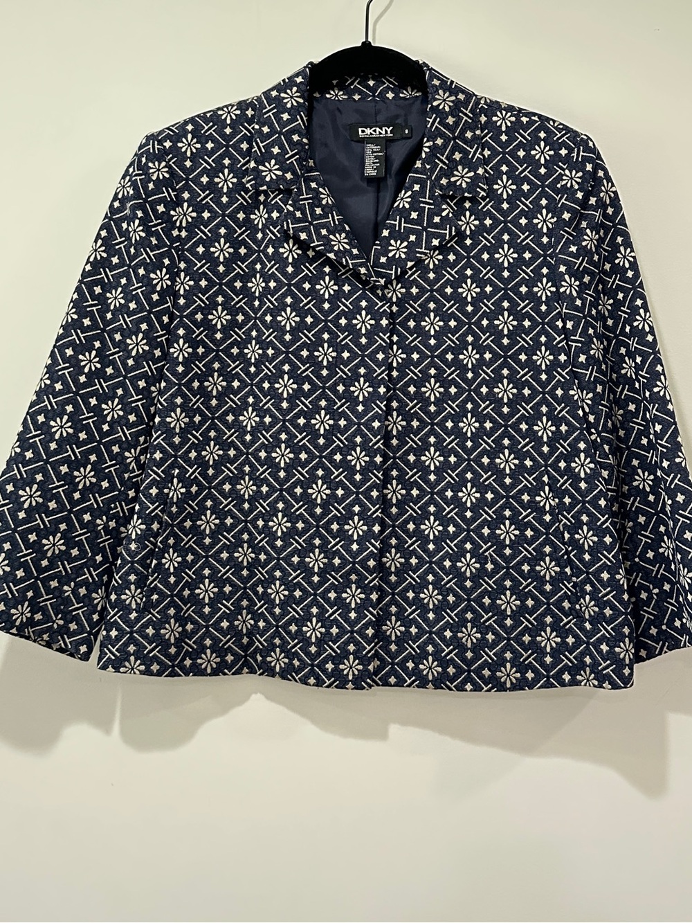 DKNY Vintage Navy White Silk Cotton Geometric Cropped Blazer 8 - Picture 10 of 14